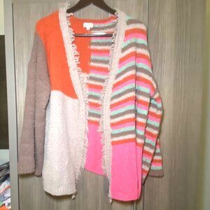 POL‎ Colorblock Striped Womens Oversize Fringe Cardigan Sweater Festival Indie